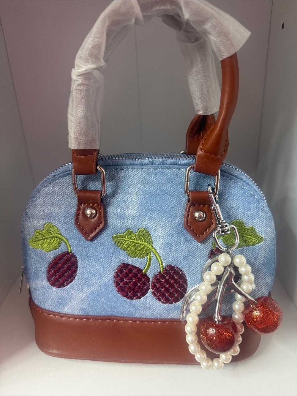 Denim Cherry Embroidered Satchel Handbag - Brown Trim